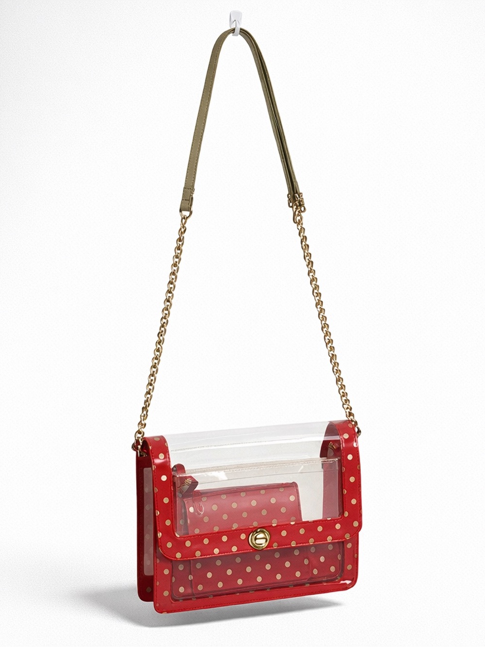 Stadium approved Clear bag NWT DustBag & Charm incl. red olive green polkadot